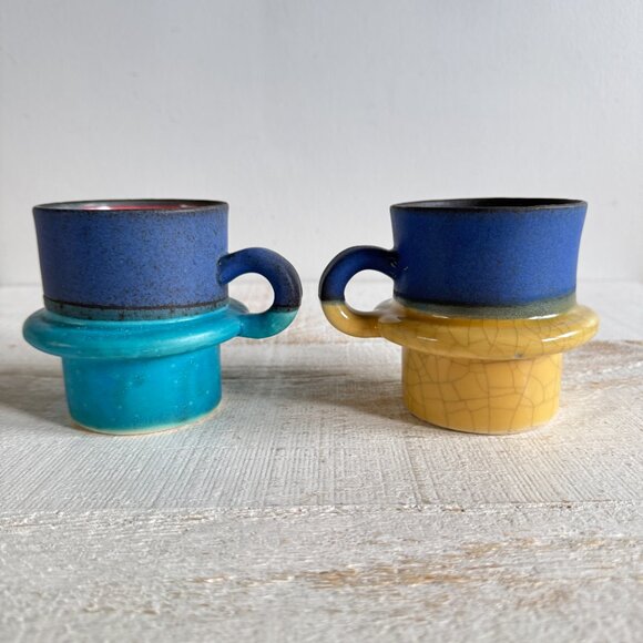 Set of Two Studio Pottery Mugs with Colourful Dip and Faux Worn Finish - Picture 5 of 11